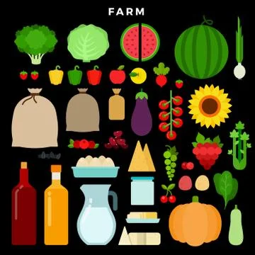 Farm products vector flat set with watermelon, tomato, cabbage, pepper, berries Stock Illustration