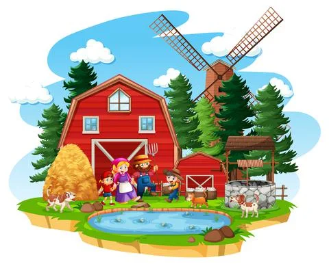 Farm with red barn and windmill on white background Stock Illustration