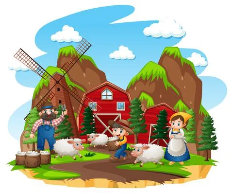 Farm with red barn and windmill on white background Stock Illustration