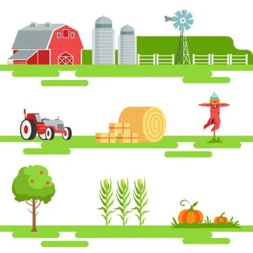 Farm Related Elements In Geometric Style Set Of Illustrations Stock Illustration
