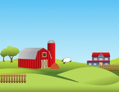Farm with rolling hills Stock Illustration