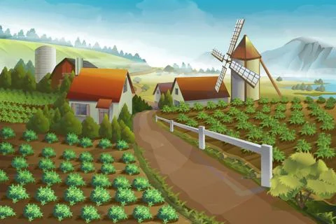 Farm rural landscape, vector background Stock Illustration