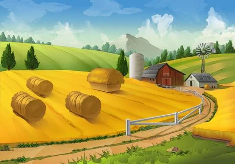 Farm, rural landscape vector background Stock Illustration