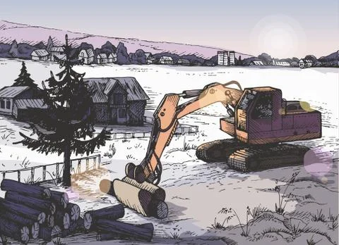 Farm rural landscape, vector background in graphical style Stock Illustration