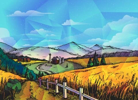 Farm, rural landscape vector background Stock Illustration