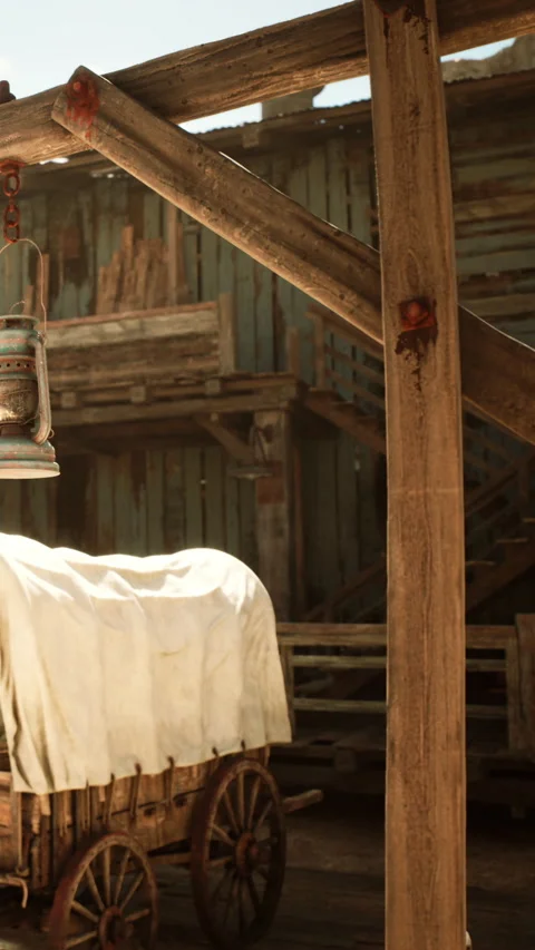 Farm scene features a wagon and lantern in a rustic setting Stock Footage 341044302