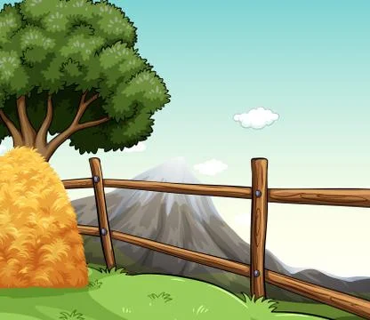 Farm scene with haystack by the fence Stock Illustration