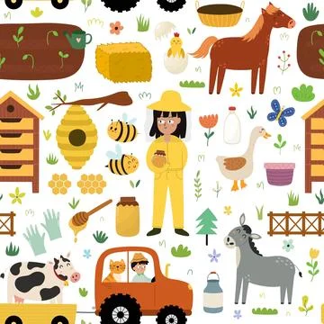 Farm seamless pattern with cute characters. Countryside background Stock Illustration
