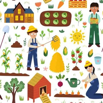 Farm seamless pattern with cute characters. Kids harvesting and making gardening Stock Illustration