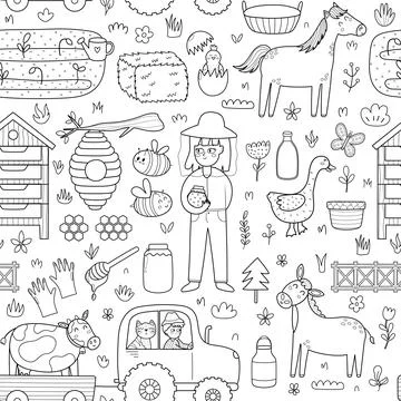 Farm seamless pattern with cute characters in black and white. Countryside Stock Illustration
