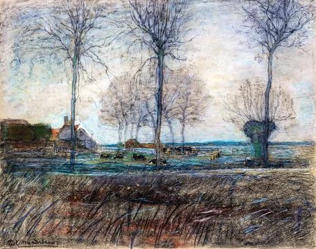 Farm Setting, Three Tall Trees in the Foreground (ca. 1907) drawing in high.. Stock Illustration