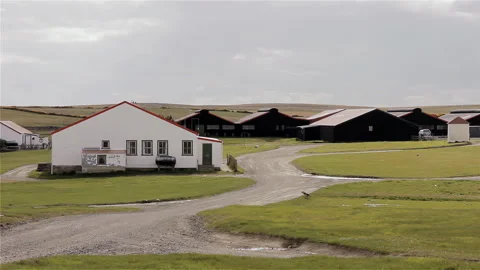 Farm Settlement And 1982 War Site In Goose Green Falkland Islands (Malvinas) 4K Stock Footage 345267573