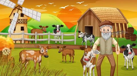 Farm at sunset time scene with old farmer man and farm animals Stock Illustration
