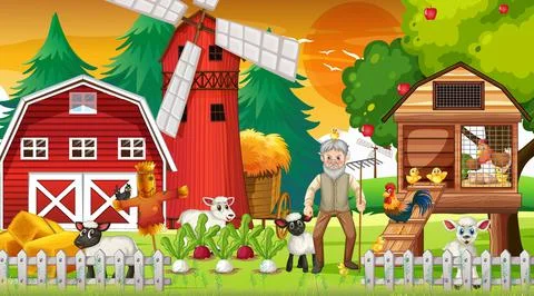Farm at sunset time scene with old farmer man and farm animals Stock Illustration