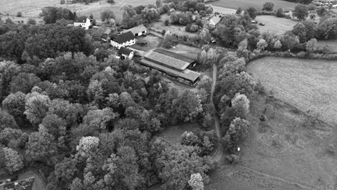 Farm surrounded by forests and fields using solar energy in black and white Stock Footage 327926436
