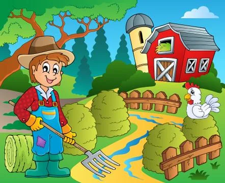Farm theme with red barn - illustration. Stock Illustration