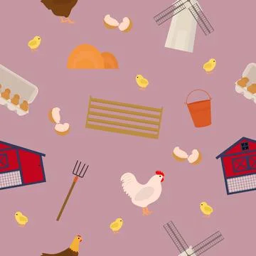 Farm-themed elements seamless pattern. Chicken, chicken coop, hay mill, eggs 스톡 일러스트