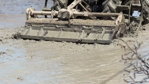Farm tractor moves through shallow water, mixing soil for planting in 库存影片 330663098