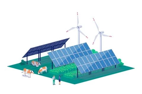 Farm using renewable agrivoltaic solar panels wind turbines system Stock Illustration