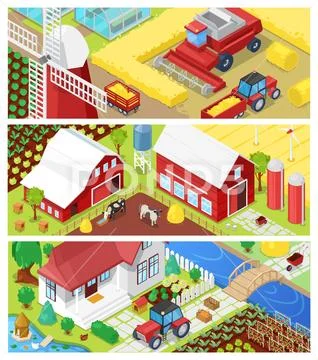 Farm vector farming agriculture in fields and farmhouse illustration Stock Illustration