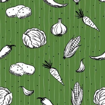 Farm Vegetable Seamless Pattern With Hand Drawn Vegetables Rustic Doodle Co.. Stock Illustration