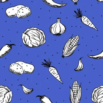 Farm Vegetable Seamless Pattern With Hand Drawn Vegetables Rustic Doodle Co.. Ilustração Stock