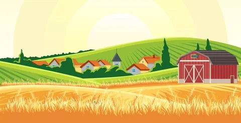 Farm with view of wheat field Stock Illustration