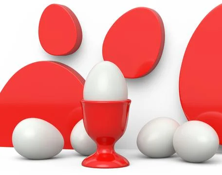 Farm white egg in ceramic egg cup and scattered eggs on white background 스톡 일러스트