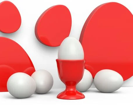 Farm white egg in ceramic egg cup and scattered eggs on white background 스톡 일러스트