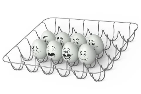 Farm white egg with expressions and funny face in metal wire tray or cardboar Stock Illustration