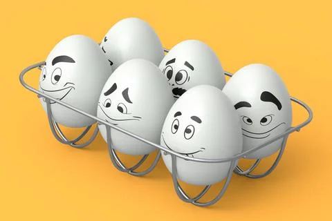 Farm white egg with expressions and funny face in metal wire tray or cardboar Stock Illustration