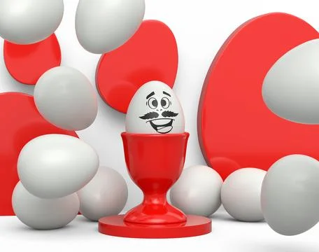 Farm white painted egg with funny face in ceramic egg cup and scattered eggs 스톡 일러스트