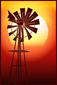 Farm windmill at sunset Stock Illustration