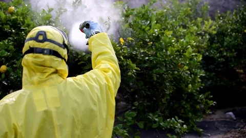 Farm worker spray pesticides, insecticide or herbicide. Stock Footage
