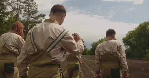Farm workers walking through cultivated field teamwork agriculture Stock Footage 329062922