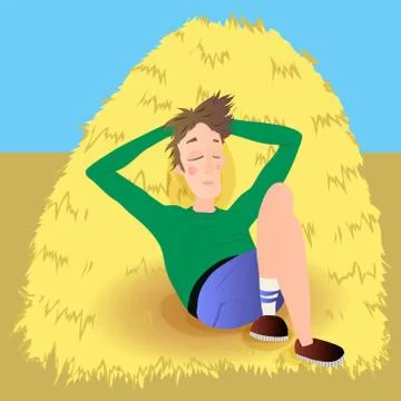 Farmer in agreen jumpsuit, lies on haystack Stock Illustration