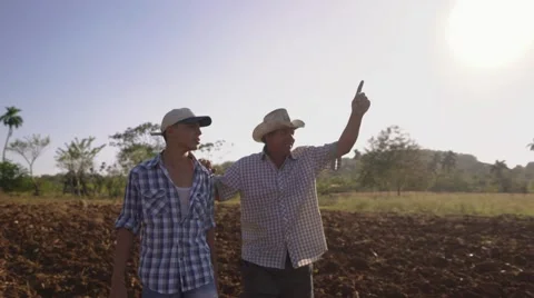 Farmer And Son Walking In Seeded Field Talking Planning Cultivations Stock Footage 61534162
