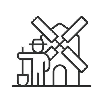 Farmer and windmill, icon in line design. farmer and windmill, farm windmill Stock Illustration
