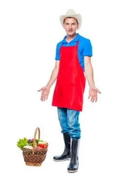 Farmer in apron posing on white background Stock Photos