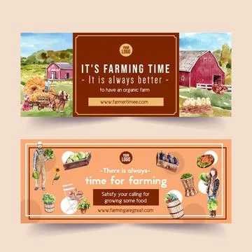 Farmer banner design with chicken, haystack watercolor illustration, Illustrazione stock
