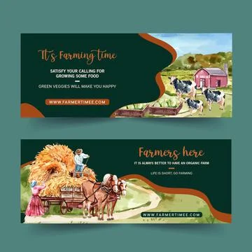 Farmer banner design with haystack, cow, greenhouse  watercolor illustration, Illustrazione stock