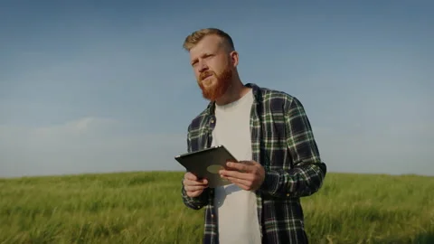 A farmer with a beard in the field with a tablet. Crop inspection Stock Footage 201484008