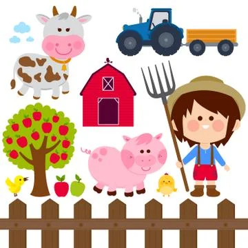 Farmer boy and animals. Vector illustration collection Stock Illustration