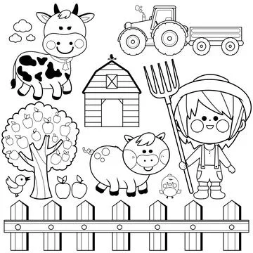 Farmer boy and animals. Vector black and white coloring page. Stock Illustration