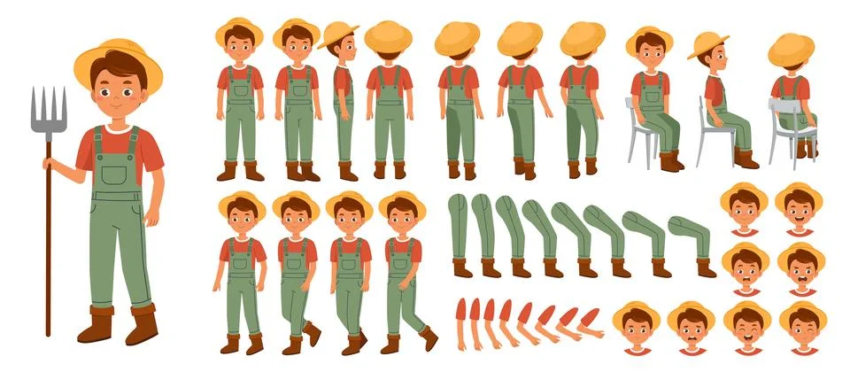 Farmer boy constructor. Happy kid in overall with rakes. Pack of legs, hands and Stock Illustration