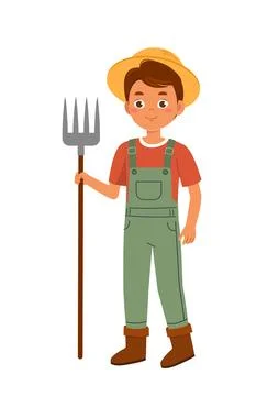 Farmer boy with rake. Young guy in overall with farming equipment. Farming and Stock Illustration