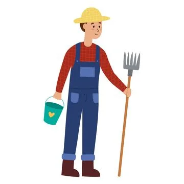 Farmer with a bucket and a spading fork isolated element. Farm man Stock Illustration