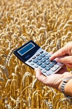 Farmer with calculators on cereal box Stock Photos