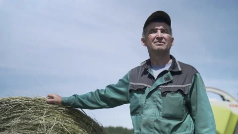 Farmer in cap and green jacket stands near haystack and combaine harvester and Stock Footage 171680788