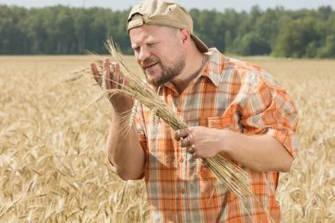 Farmer in cap standing at field Stock Photos